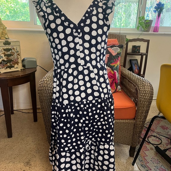 Loft XSP Navy & White Dotted Flutter V-neck Dress - Picture 2 of 3